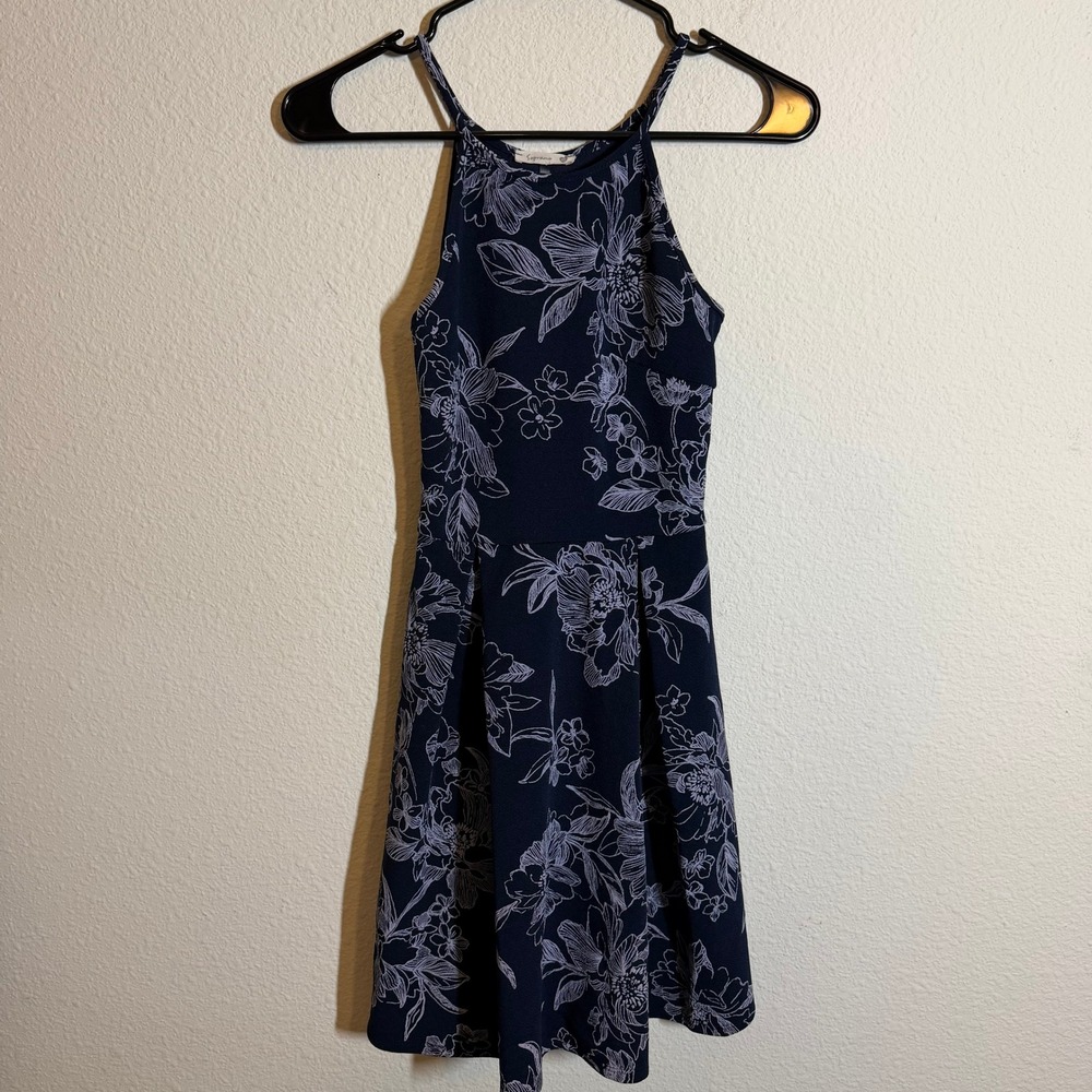 Soprano Navy Blue Floral Skater Dress High‎ Neck Halter Mini Pleated XS